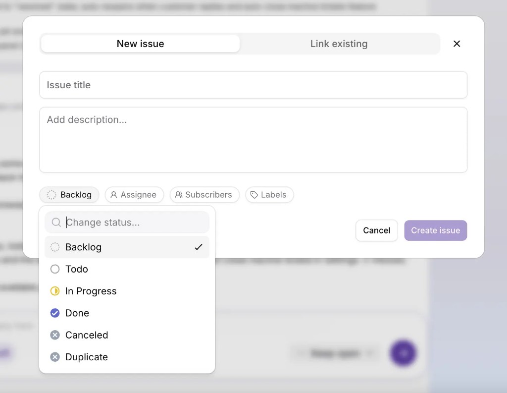 initdesk modal for creating a Linear issue from a ticket: New issue and Link existing tabs, title and description fields, and status, assignee, subscribers, and labels