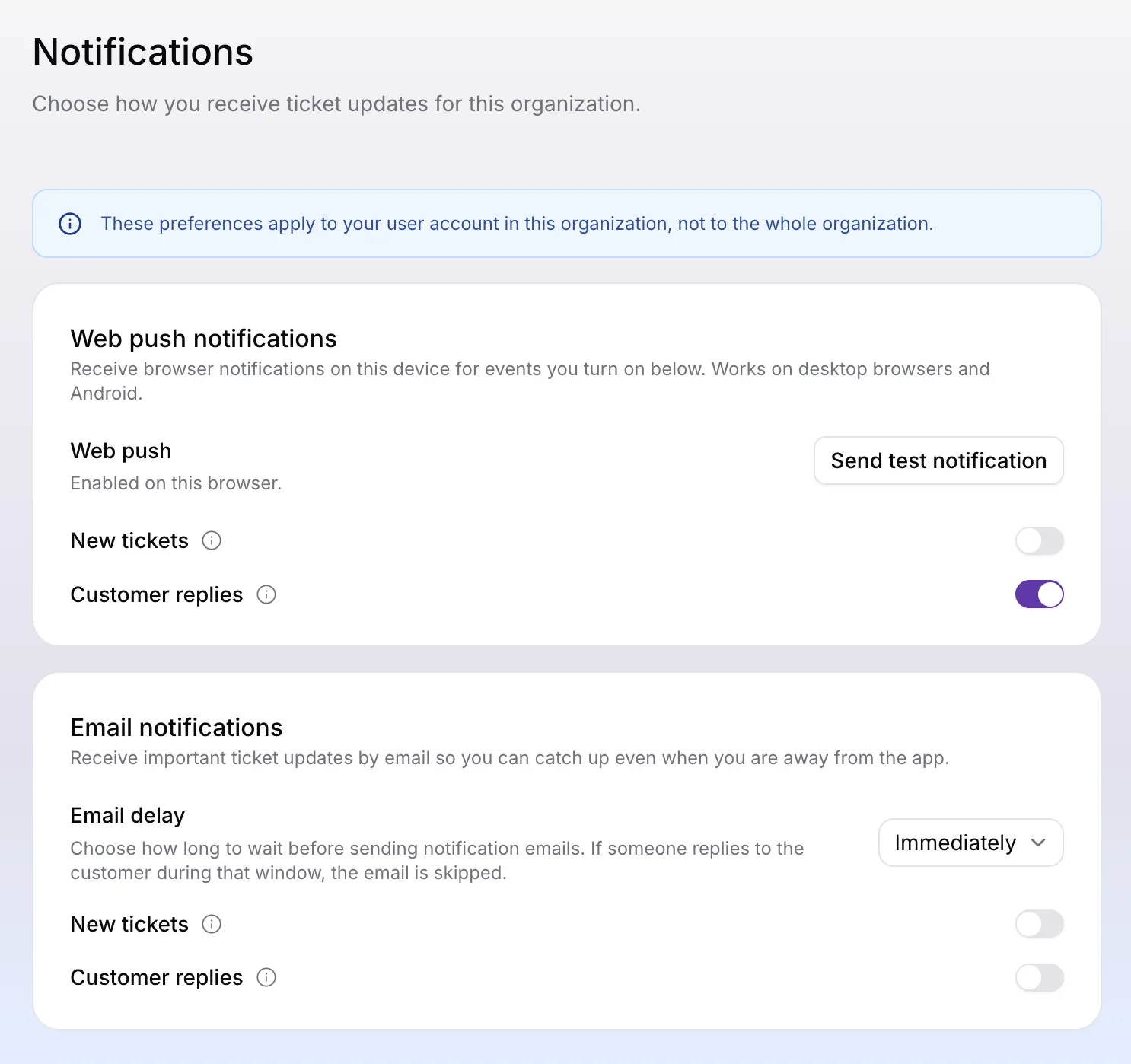 Página de configuración de notificaciones con preferencias de notificaciones push y por correo para tickets nuevos y respuestas de clientes